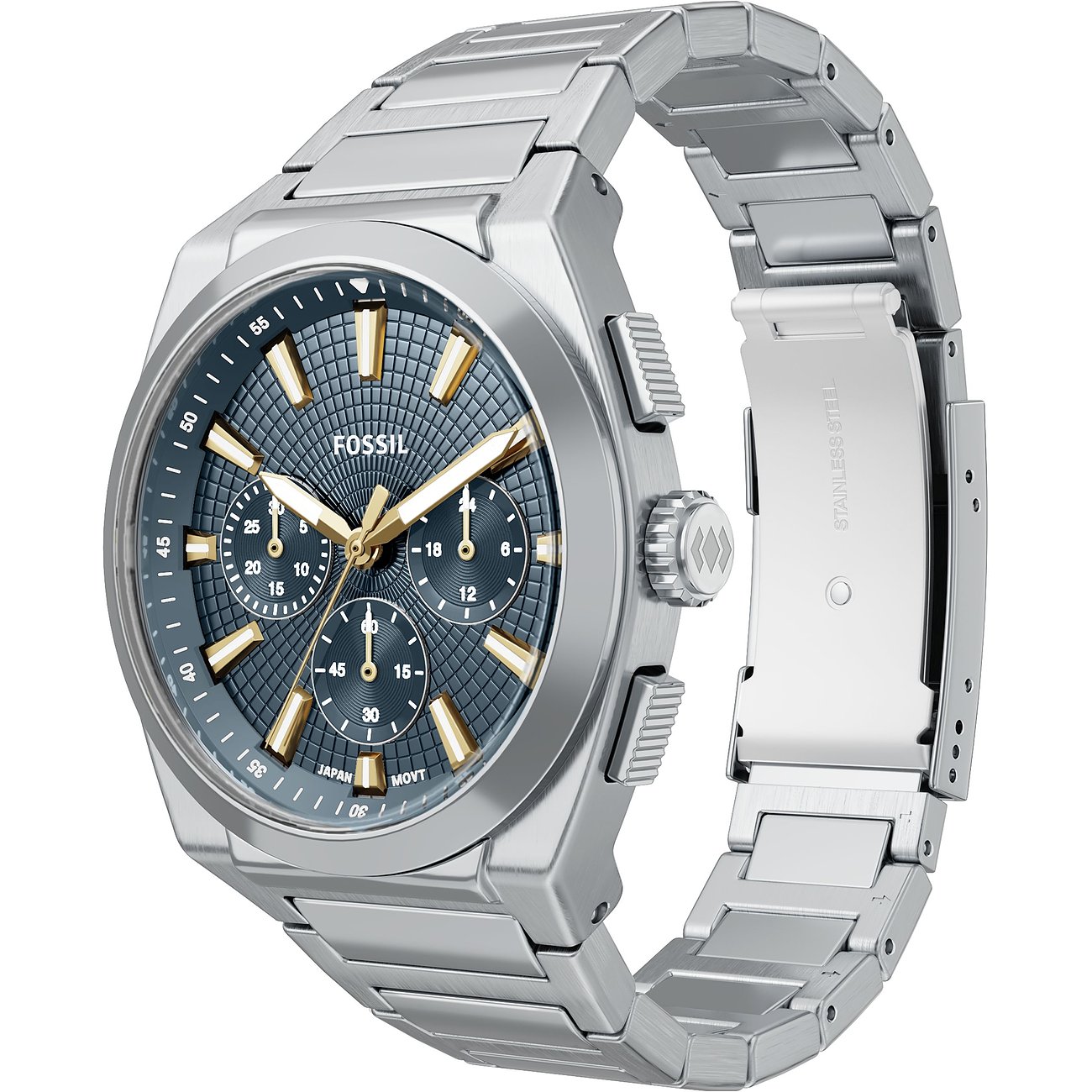 Die Fossil Herrenuhr aus Edelstahl zeigt ein dunkelgraues Zifferblatt mit goldenen Akzenten und drei Chronographen.
