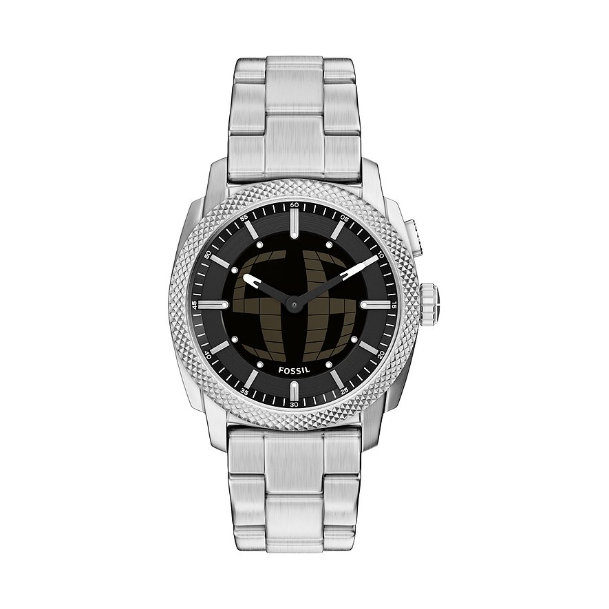 Fossil Herrenuhr aus Edelstahl mit schwarzem Zifferblatt und silberfarbenen Stundenmarkierungen.