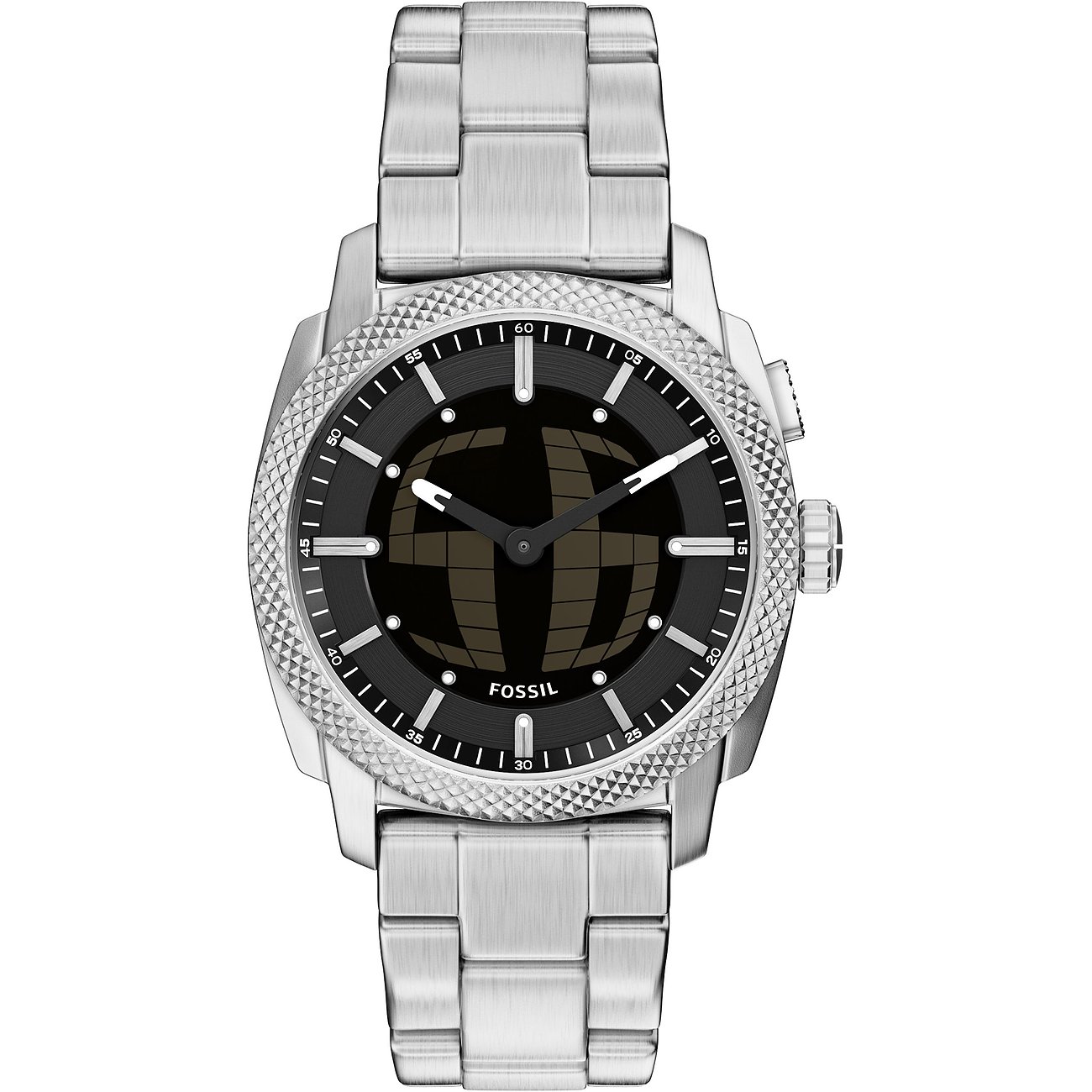 Fossil Herrenuhr aus Edelstahl mit schwarzem Zifferblatt und silberfarbenen Stundenmarkierungen.
