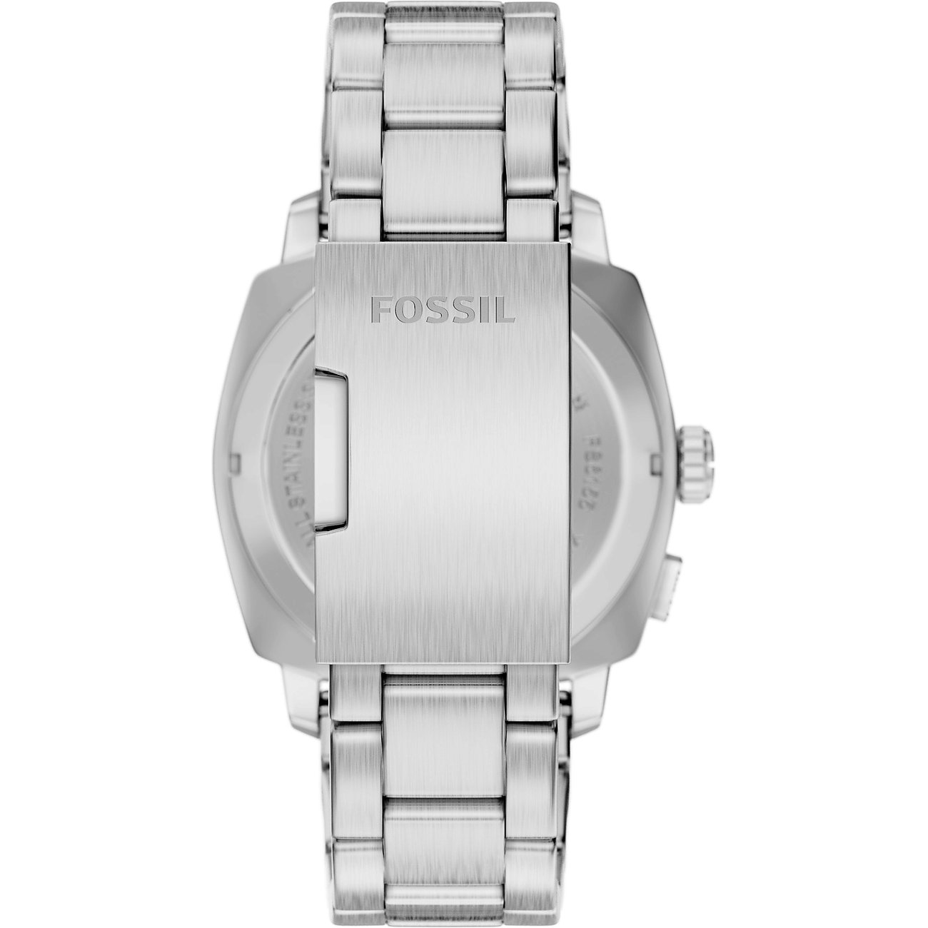 Rückansicht einer Fossil Herrenuhr aus Edelstahl, detailreich und präzise aus der Vogelperspektive fotografiert.