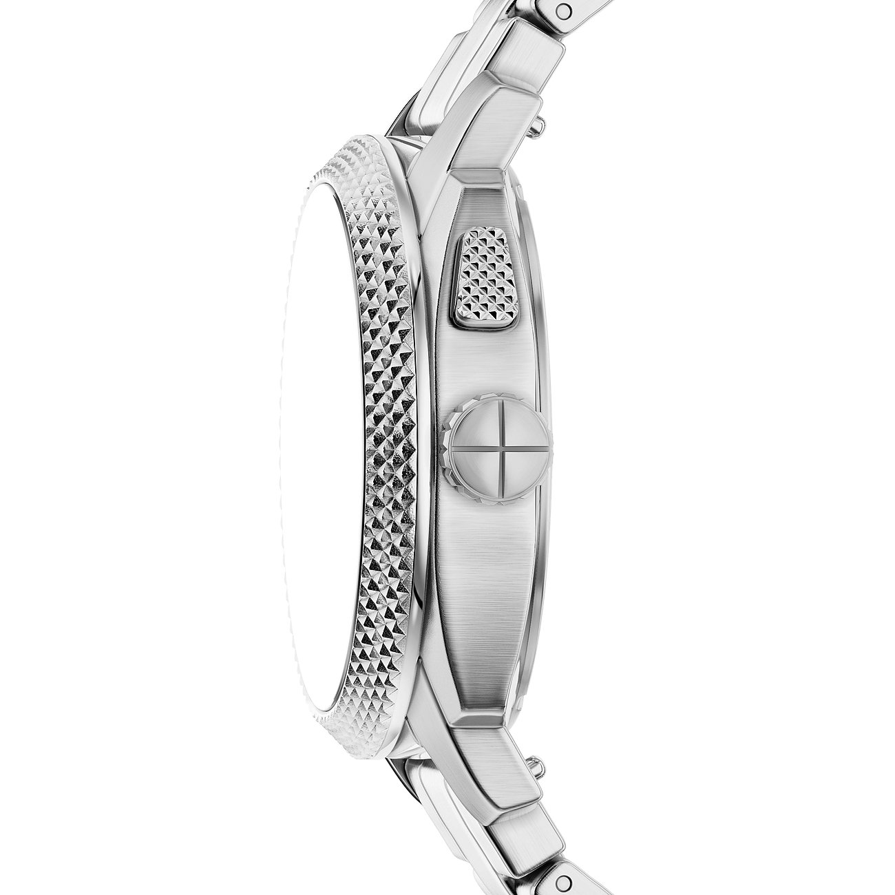 Seitenansicht einer Fossil Herrenuhr aus Edelstahl mit geriffelter Lünette und Knöpfen am Gehäuse.