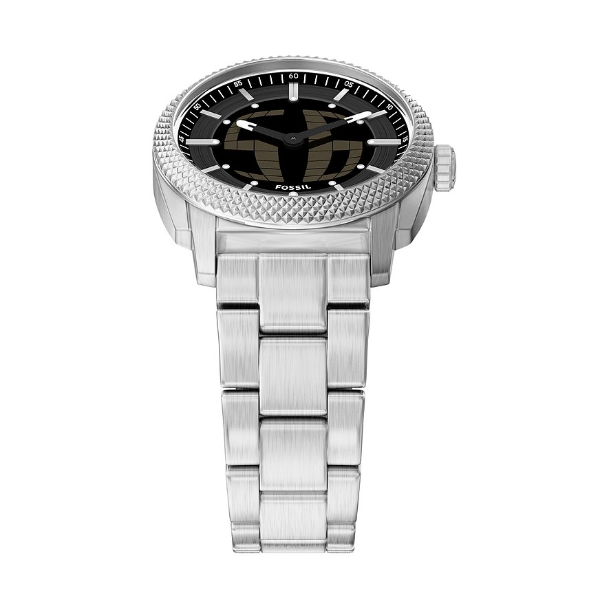 Fossil Herrenuhr aus Edelstahl mit dunklem Zifferblatt, von oben leicht schräg aufgenommen.