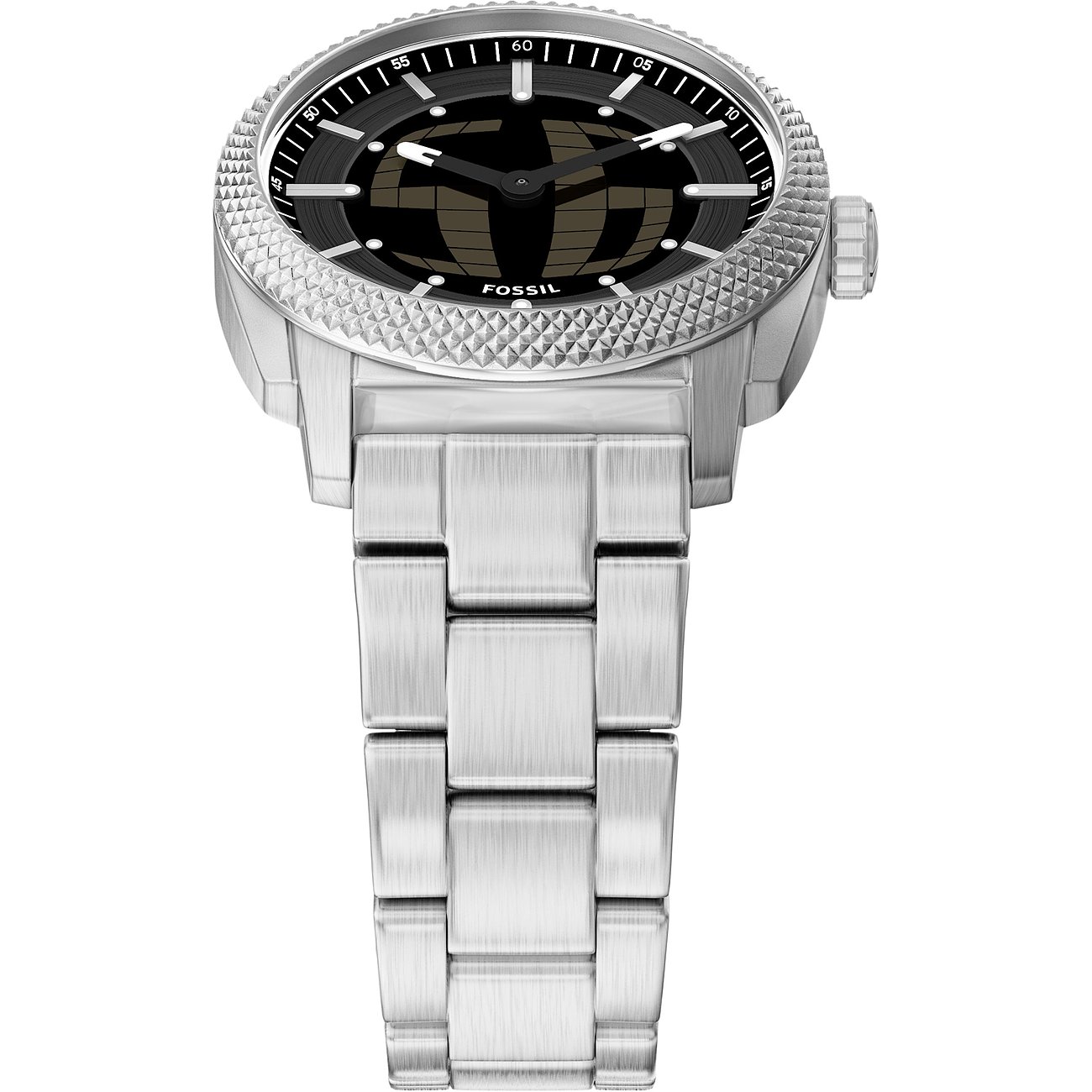 Fossil Herrenuhr aus Edelstahl mit dunklem Zifferblatt, von oben leicht schräg aufgenommen.