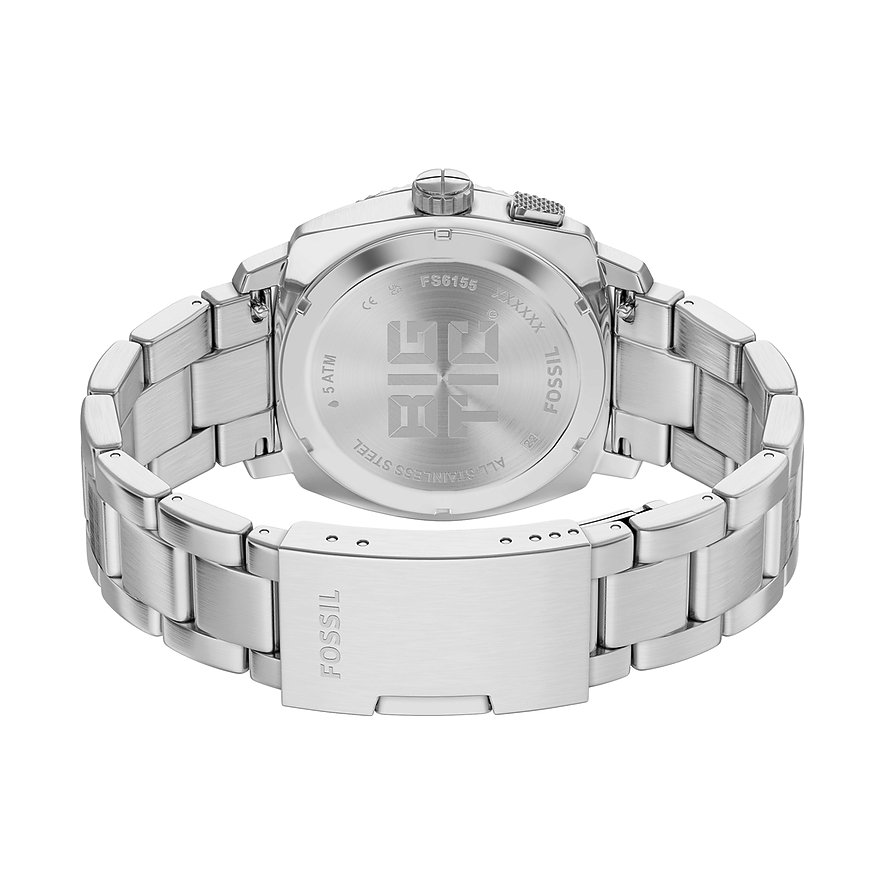 Rückansicht der silberfarbenen Fossil Herrenuhr aus Edelstahl mit eingraviertem Logo und Informationen auf der Rückseite.