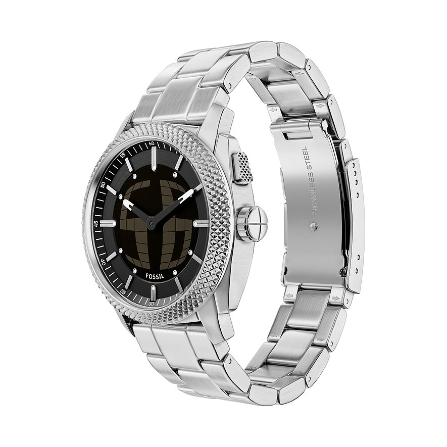 Fossil Herrenuhr aus Edelstahl mit dunklem Zifferblatt, im Dreiviertelprofil von rechts oben gesehen.