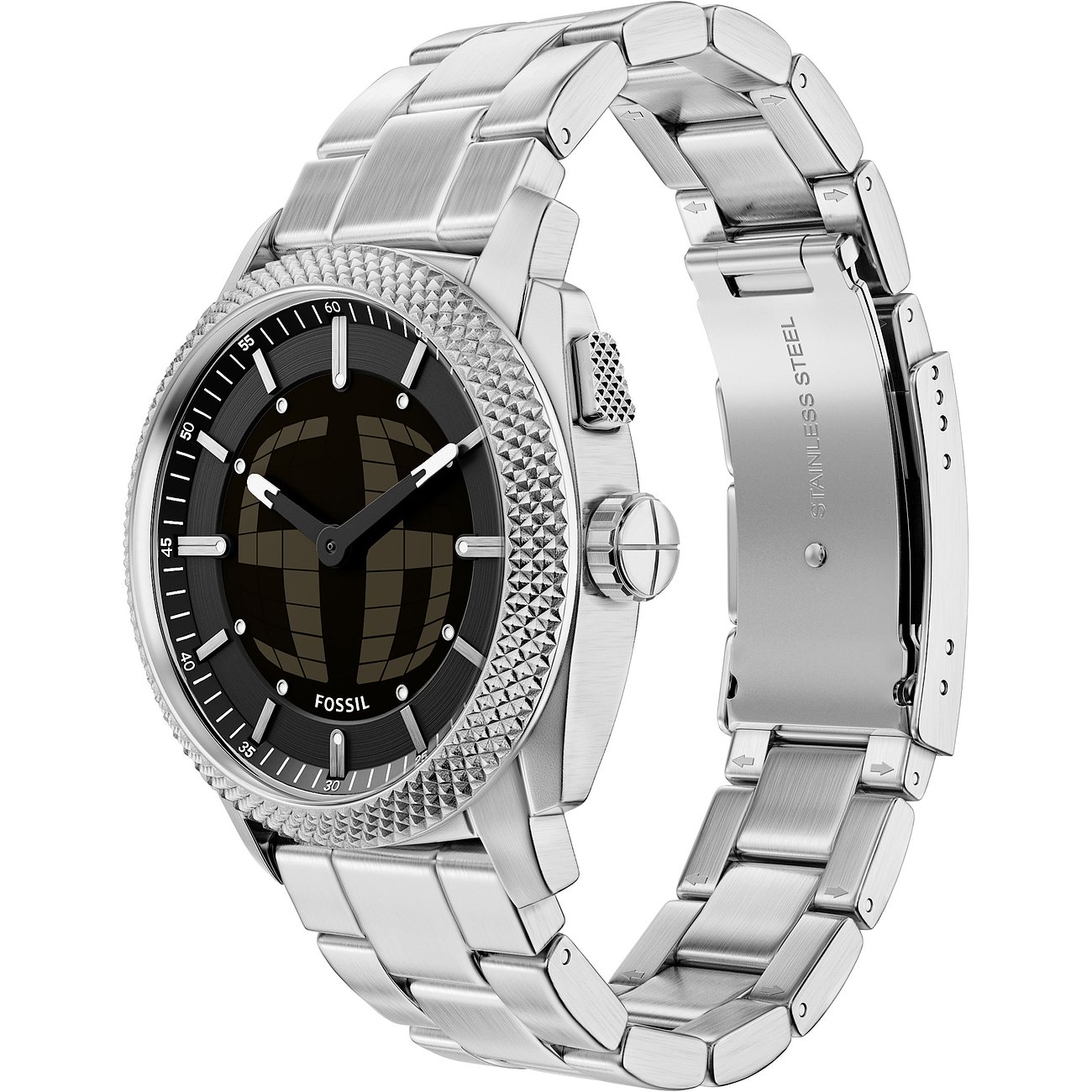 Fossil Herrenuhr aus Edelstahl mit dunklem Zifferblatt, im Dreiviertelprofil von rechts oben gesehen.