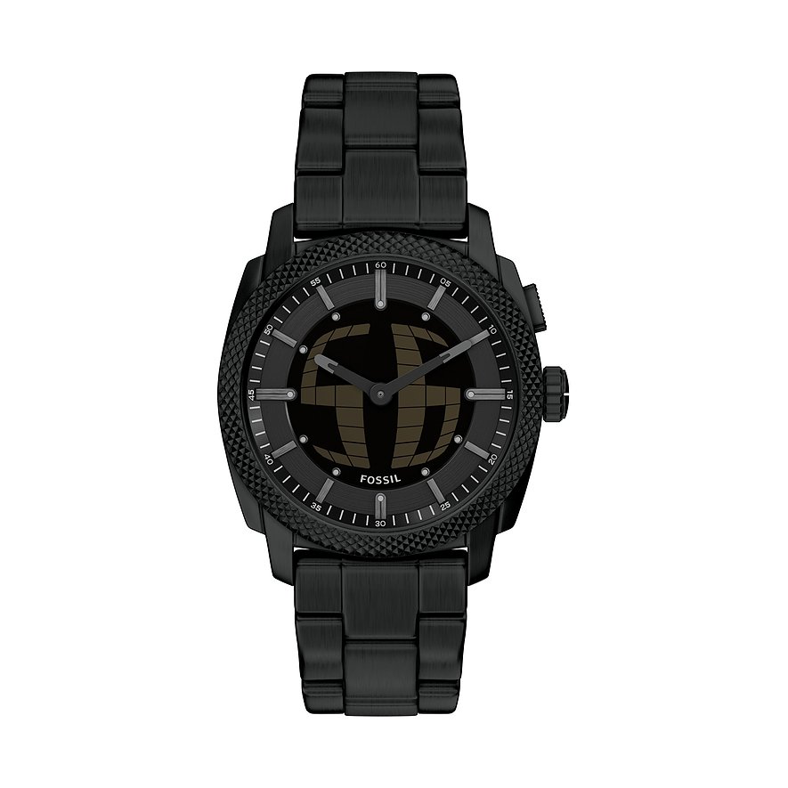 Eine schwarze Fossil Herrenuhr aus Edelstahl, frontal abgebildet, mit einem stilisierten Globus auf dem Zifferblatt.