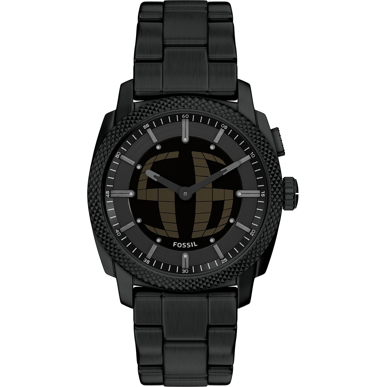 Eine schwarze Fossil Herrenuhr aus Edelstahl, frontal abgebildet, mit einem stilisierten Globus auf dem Zifferblatt.