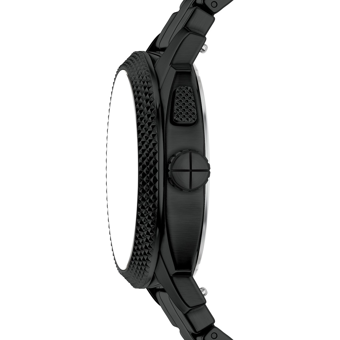 Seitenansicht der Fossil Herrenuhr aus schwarzem Edelstahl mit gefräster Lünette und Drückern.
