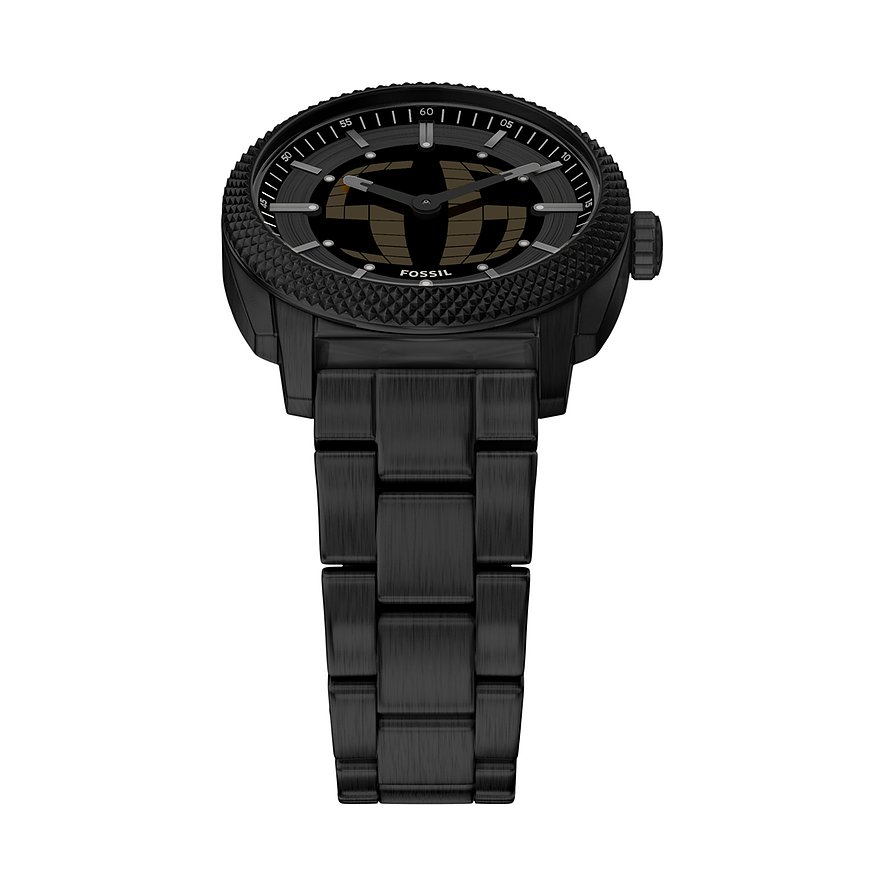 Dunkle Fossil Herrenuhr aus Edelstahl mit gerändeltem Zifferblatt und glattem Uhrenarmband. Schrägansicht.