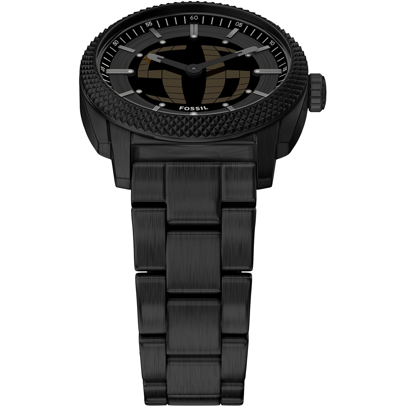 Dunkle Fossil Herrenuhr aus Edelstahl mit gerändeltem Zifferblatt und glattem Uhrenarmband. Schrägansicht.