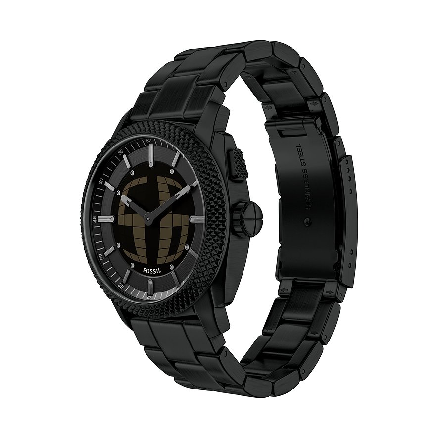 Die Fossil Herrenuhr aus schwarzem Edelstahl zeigt von oben eine ¾ Ansicht des Zifferblatts mit Gittermuster.