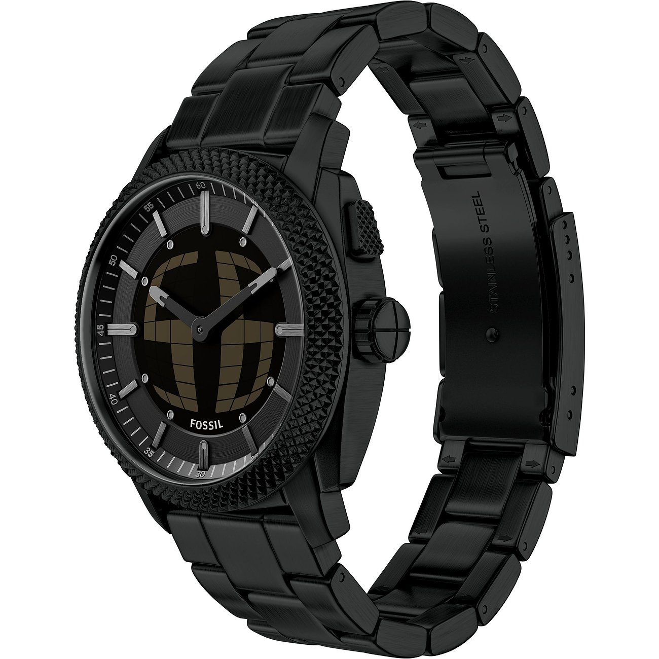 Die Fossil Herrenuhr aus schwarzem Edelstahl zeigt von oben eine ¾ Ansicht des Zifferblatts mit Gittermuster.