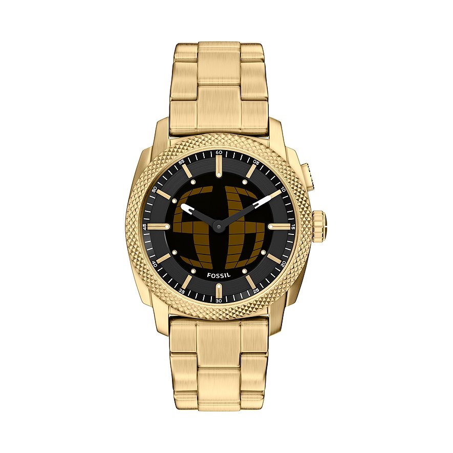 Fossil Herrenuhr aus goldfarbenem Edelstahl. Das schwarze Zifferblatt zeigt goldene Querstreifen und die Marke.
