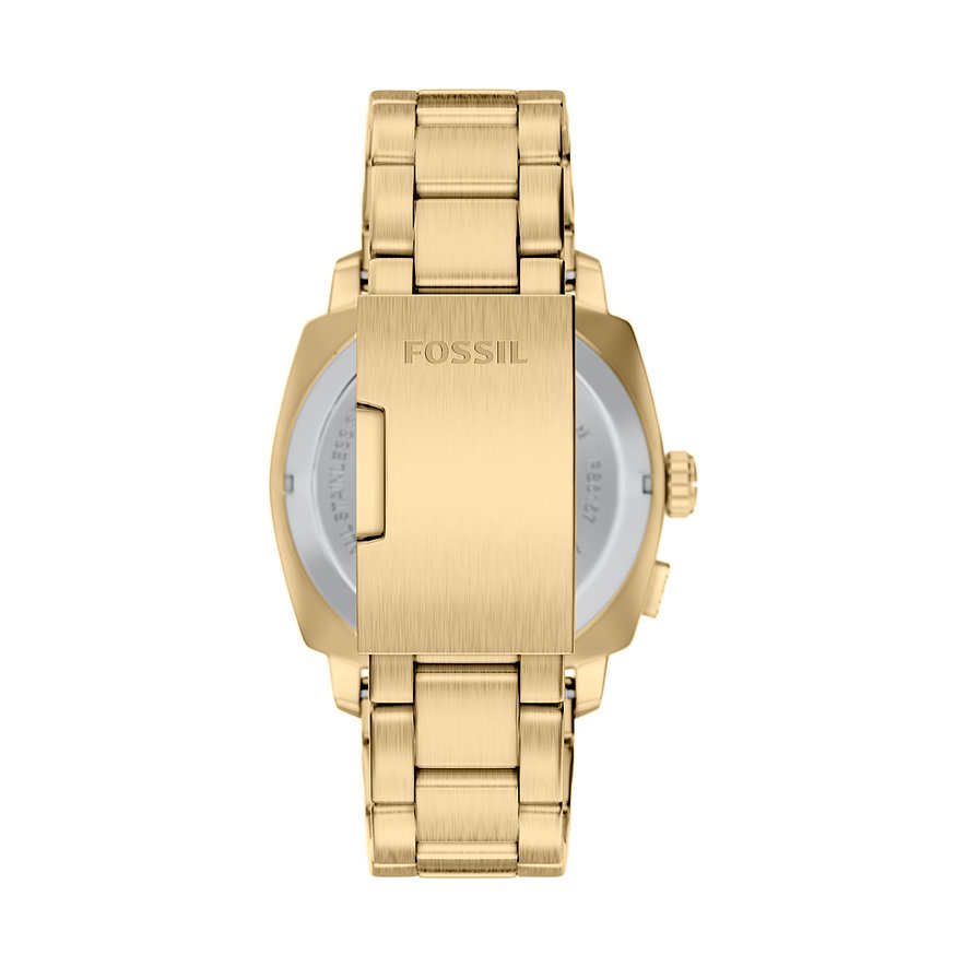 Rückansicht der goldfarbenen Fossil Herren-Uhr aus Edelstahl mit geschlossener Schließe.