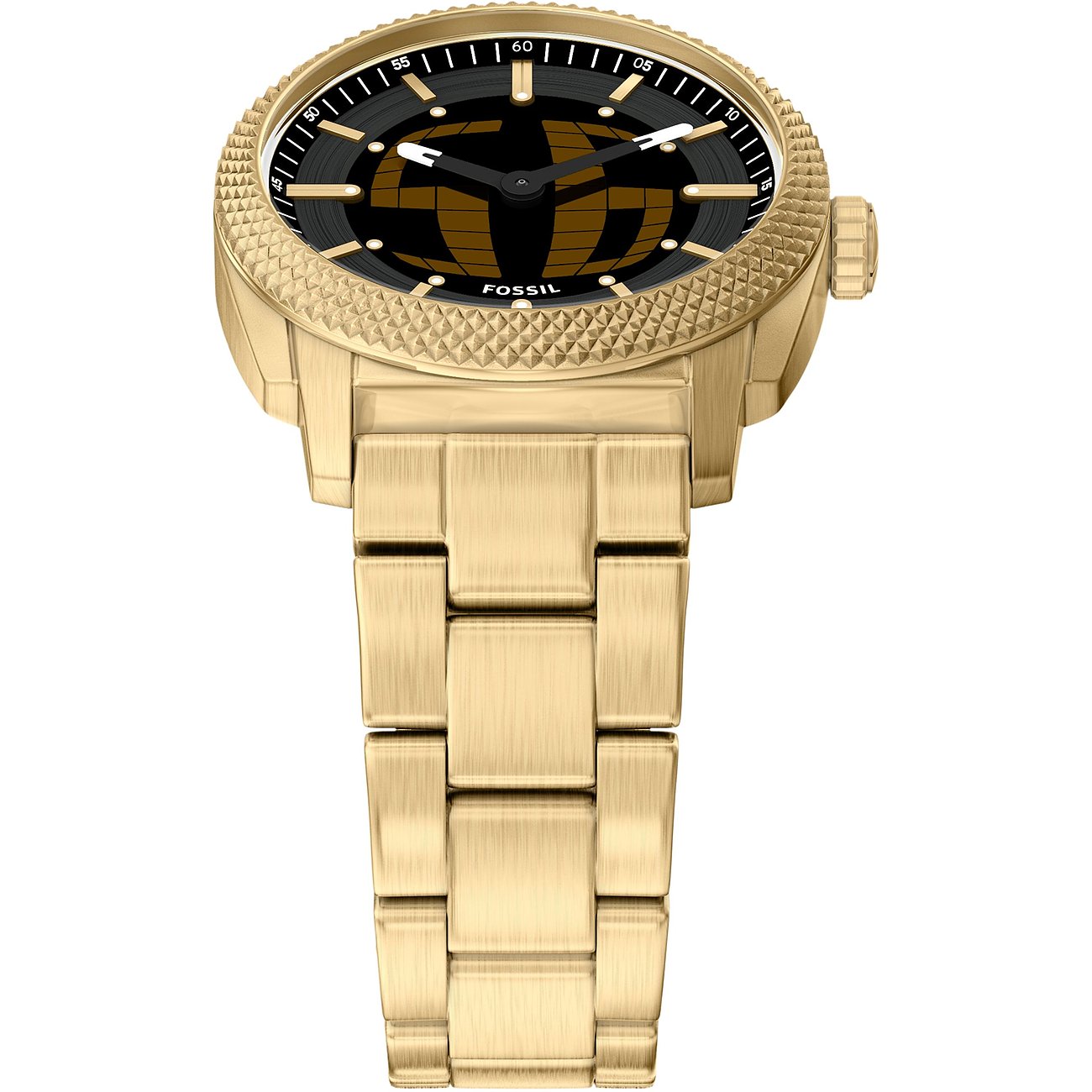 Close-up einer goldenen Fossil Herrenuhr aus Edelstahl mit dunklem Zifferblatt und Zickzack-Musterung.