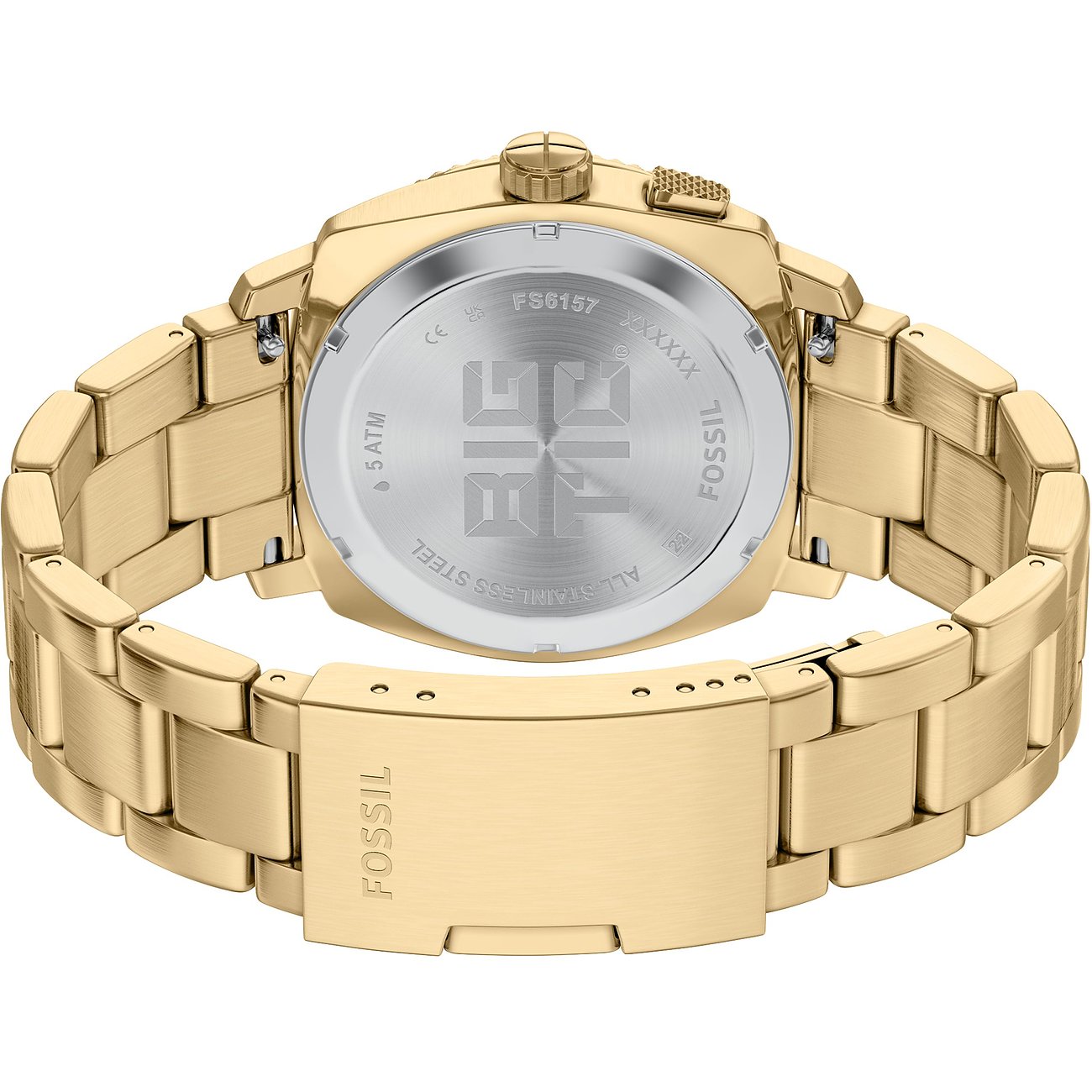 Rückansicht der goldenen Fossil Herrenuhr aus Edelstahl mit geschlossener Schnalle und Gehäuseboden mit 