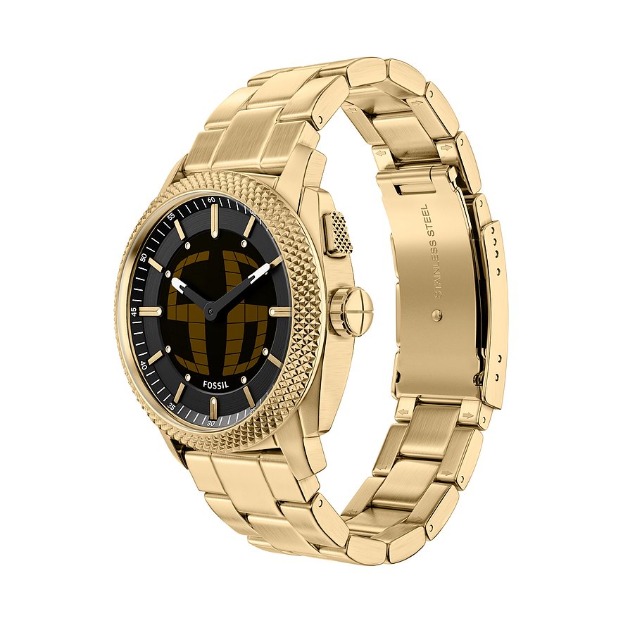Fossil Herrenuhr aus goldfarbenem Edelstahl, schräg von vorne auf einem weißen Hintergrund.