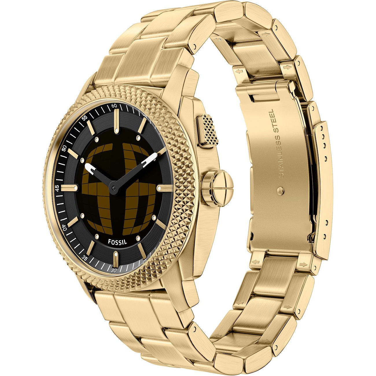 Fossil Herrenuhr aus goldfarbenem Edelstahl, schräg von vorne auf einem weißen Hintergrund.