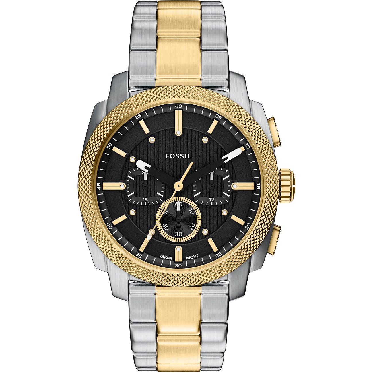 Fossil Herrenuhr aus gold- und silberfarbenem Edelstahl mit schwarzem Zifferblatt, im Draufblick.