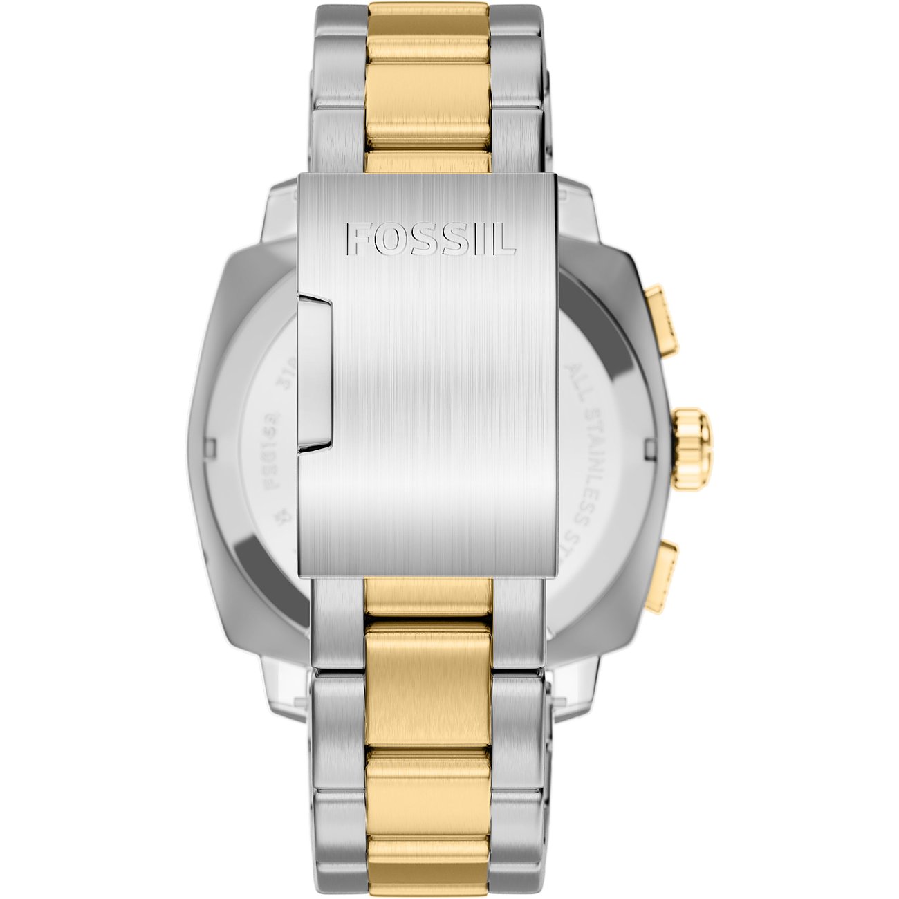 Rückansicht der Herrenuhr von Fossil aus Edelstahl in Silber und Gold, fokussiert auf die Schließe.