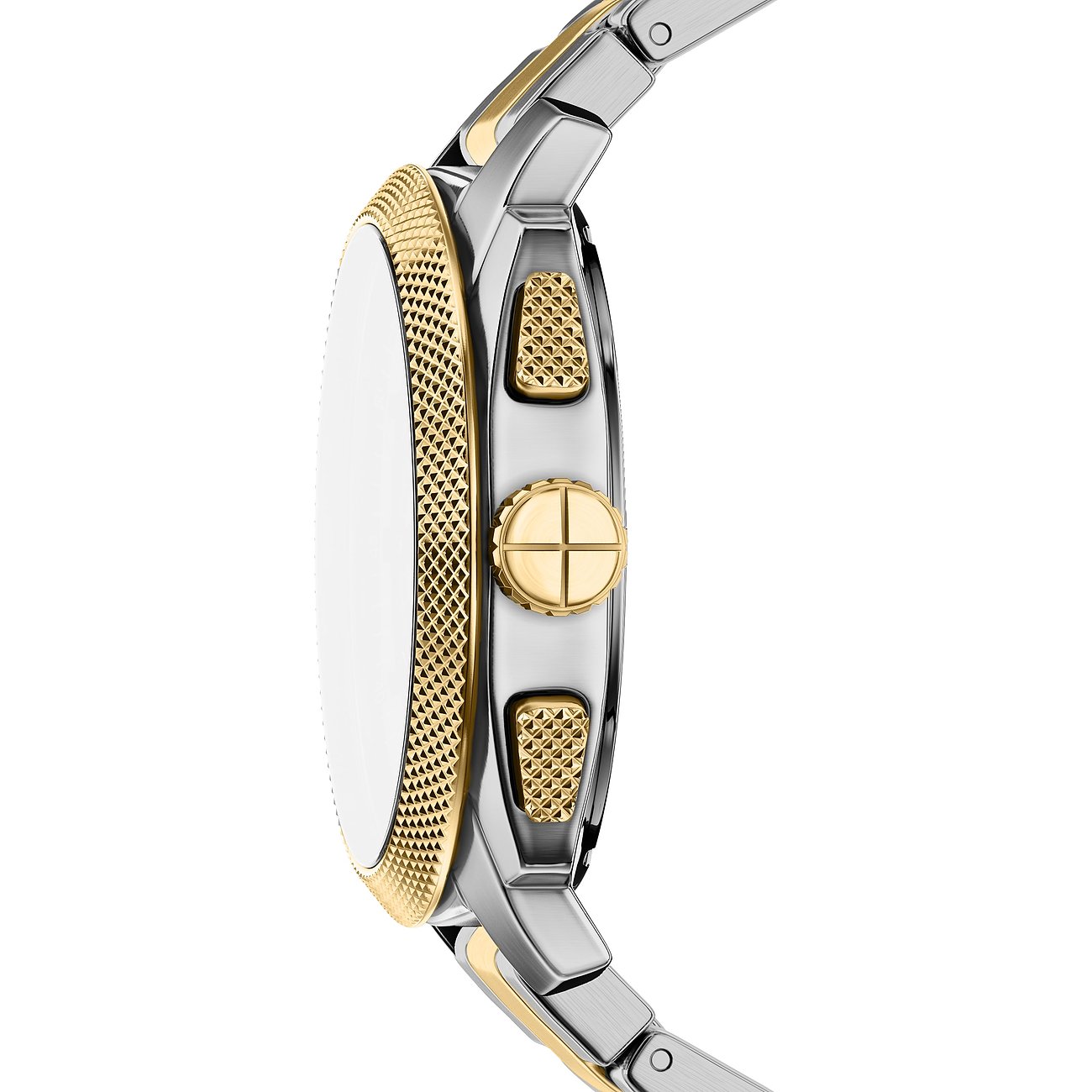 Seitenansicht einer Fossil Herrenuhr aus Edelstahl in Gold und Silber mit geriffelter Krone.
