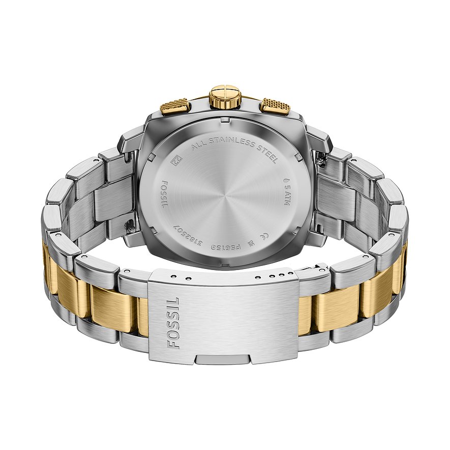 Rückansicht der Fossil Herrenuhr aus gold- und silberfarbenem Edelstahl mit gravierter Rückseite und Verschluss.