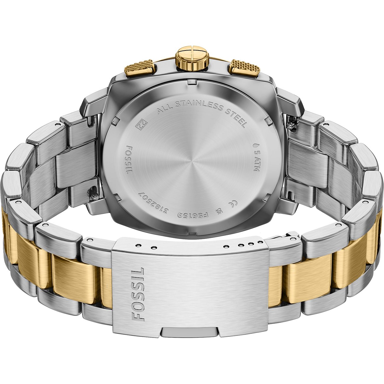 Rückansicht der Fossil Herrenuhr aus gold- und silberfarbenem Edelstahl mit gravierter Rückseite und Verschluss.