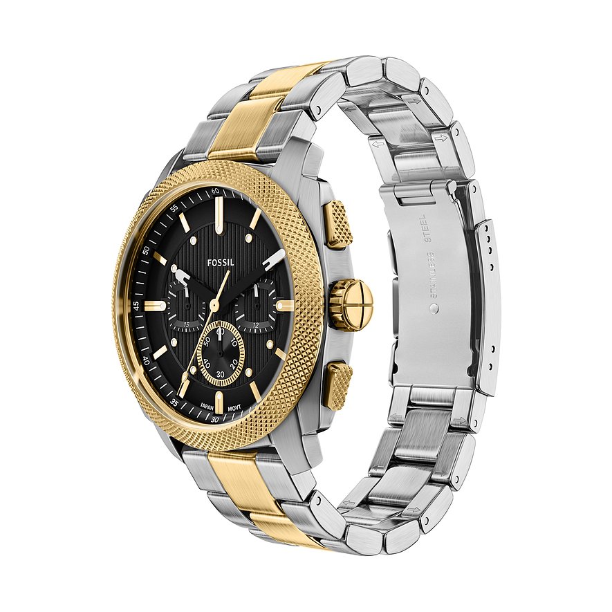 Herrenuhr von Fossil aus Edelstahl in Silber und Gold mit schwarzem Zifferblatt, im Dreiviertelprofil auf weißem Hintergrund.