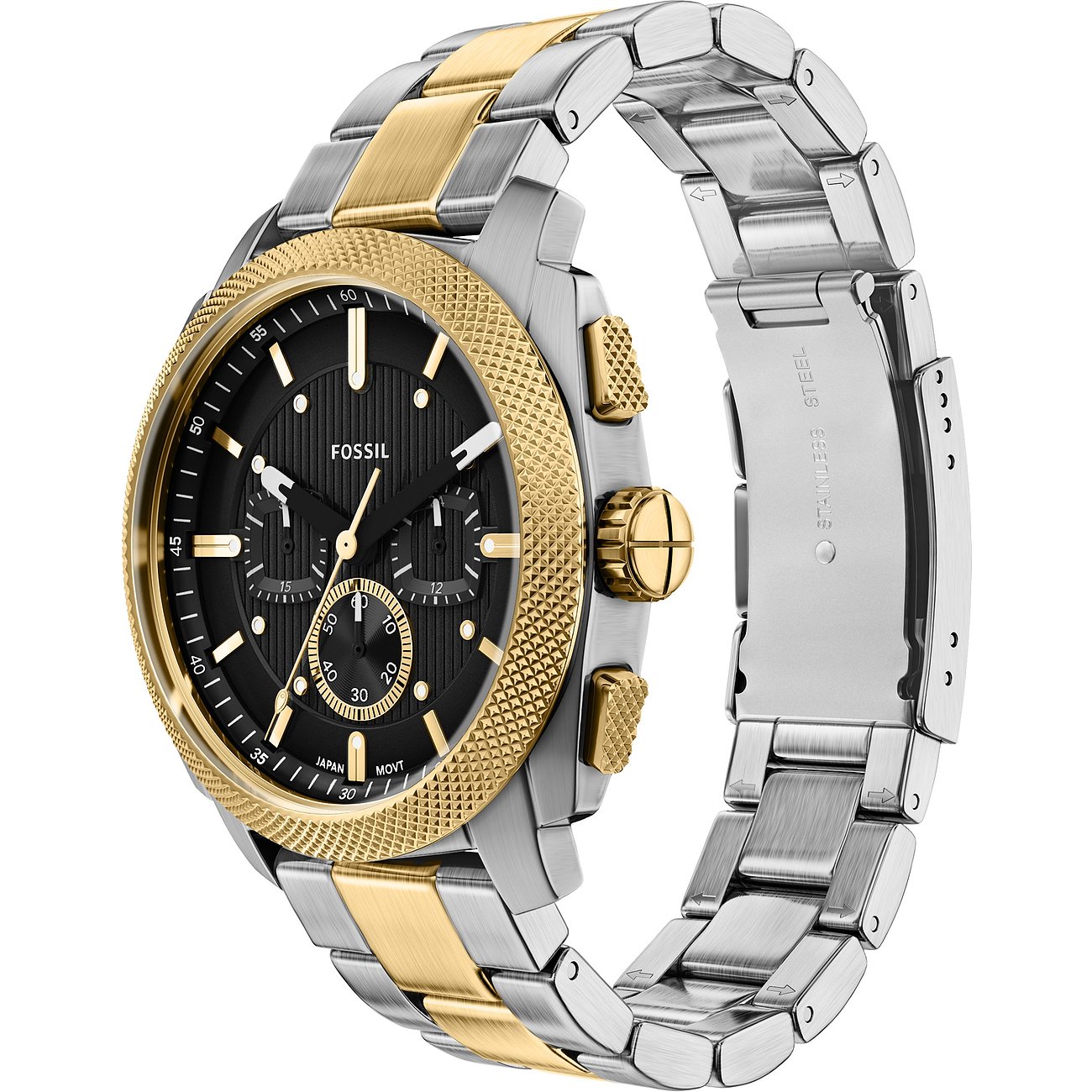Herrenuhr von Fossil aus Edelstahl in Silber und Gold mit schwarzem Zifferblatt, im Dreiviertelprofil auf weißem Hintergrund.