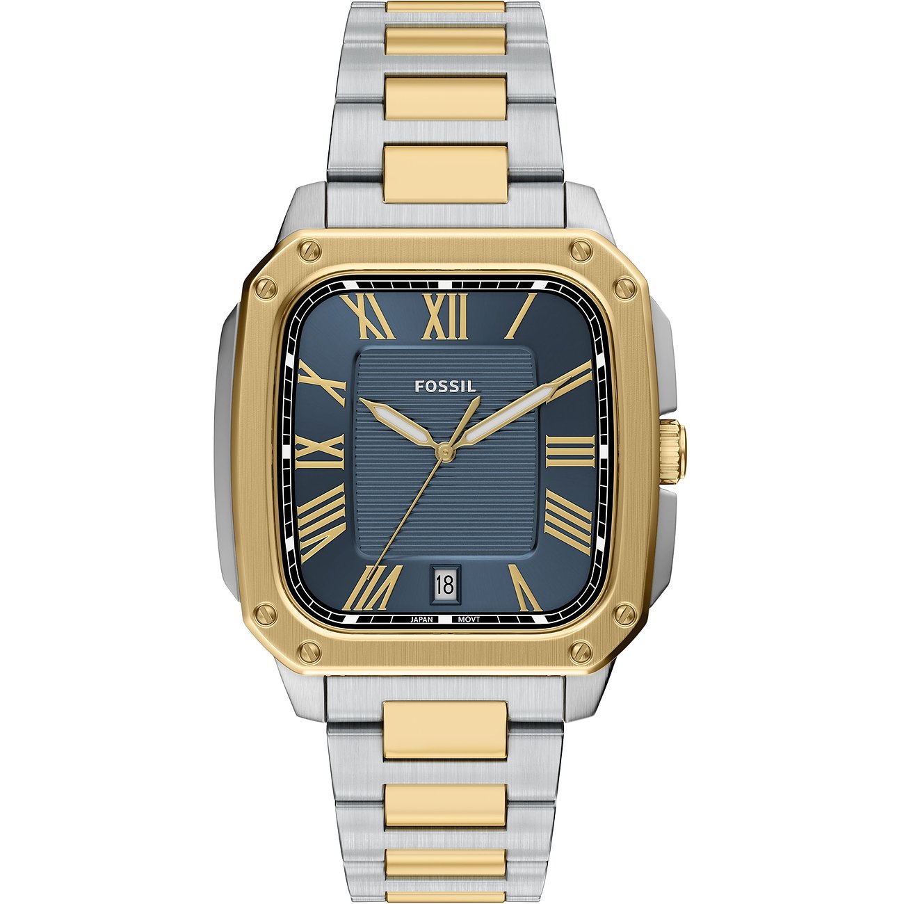 Eine rechteckige Fossil Herrenuhr aus gold- und silberfarbenem Edelstahl mit blauem Zifferblatt und römischen Ziffern.