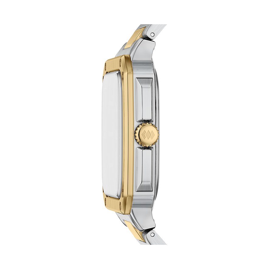 Fossil Herrenuhr aus Edelstahl in Silber und Gold, Seitenansicht mit goldener Krone und weißem Zifferblatt.