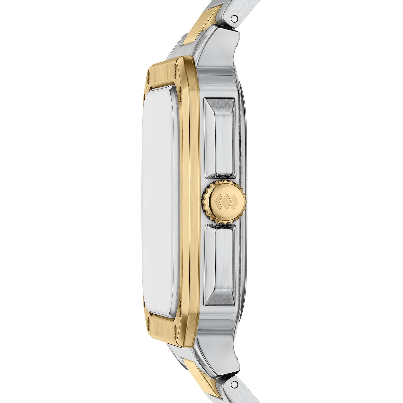 Fossil Herrenuhr aus Edelstahl in Silber und Gold, Seitenansicht mit goldener Krone und weißem Zifferblatt.