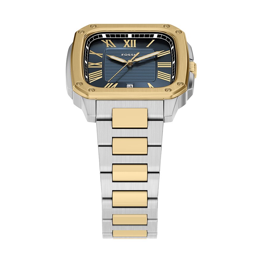 Fossil Herrenuhr aus Edelstahl in Gold und Silber, mit quadratischem Gehäuse und dunkelblauem Zifferblatt.