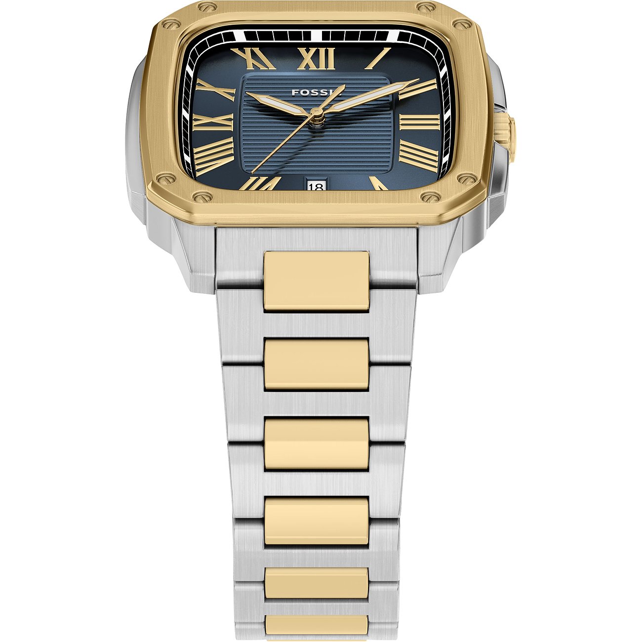 Fossil Herrenuhr aus Edelstahl in Gold und Silber, mit quadratischem Gehäuse und dunkelblauem Zifferblatt.