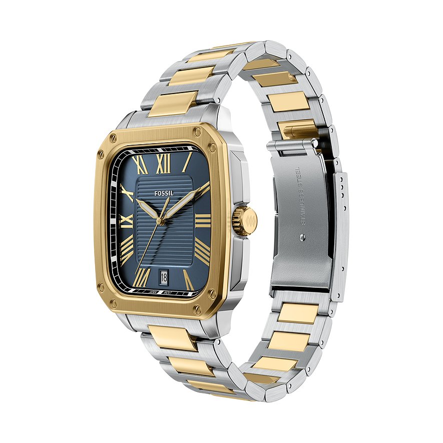 Fossil Herrenuhr aus gold- und silberfarbenem Edelstahl mit eckigem Gehäuse und blauem Zifferblatt.