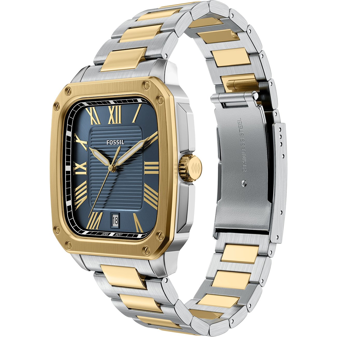Fossil Herrenuhr aus gold- und silberfarbenem Edelstahl mit eckigem Gehäuse und blauem Zifferblatt.