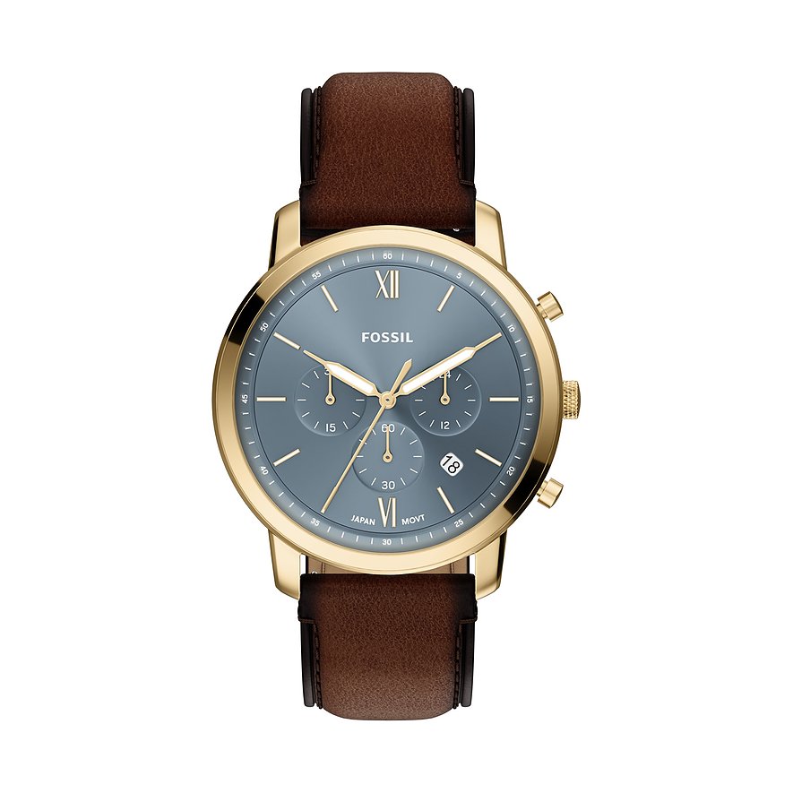 Eine Fossil Herrenuhr aus goldfarbenem Edelstahl mit dunkelblauem Zifferblatt und braunem Lederarmband.