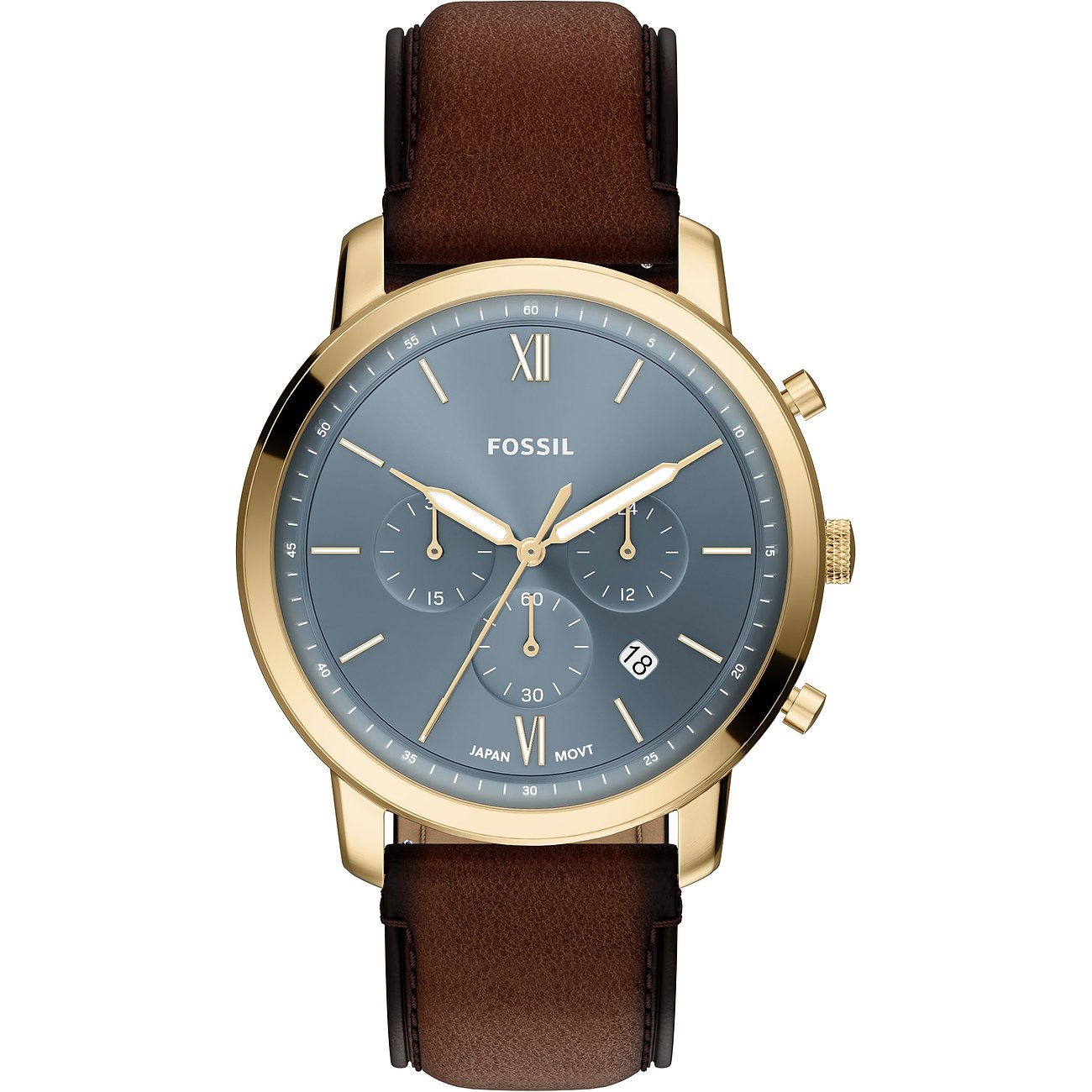 Eine Fossil Herrenuhr aus goldfarbenem Edelstahl mit dunkelblauem Zifferblatt und braunem Lederarmband.