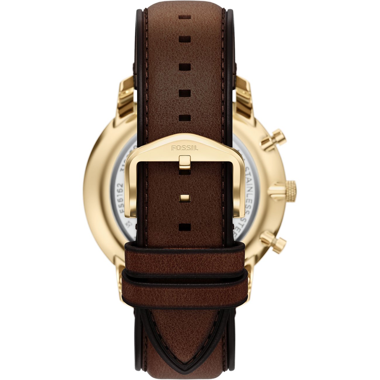 Rückansicht der Fossil Herrenuhr: goldfarbenes Edelstahlgehäuse, braunes Lederarmband mit goldfarbener Dornschließe.