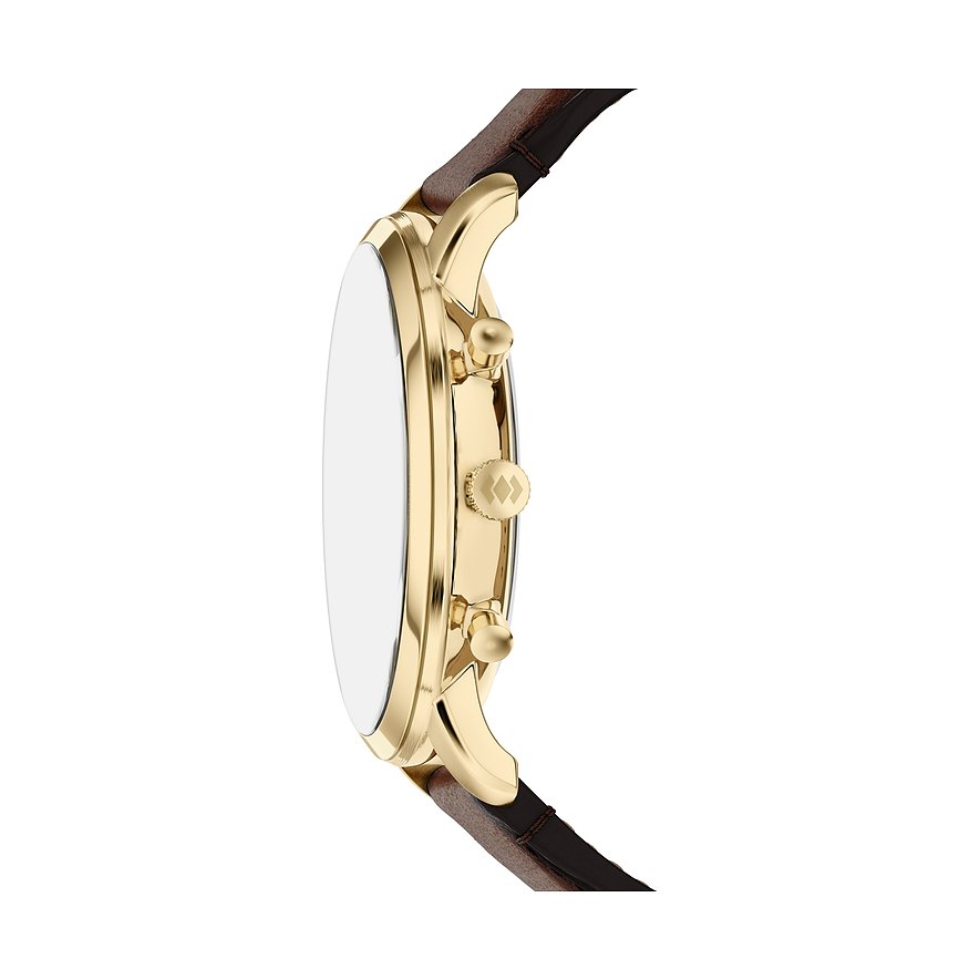 Seitenansicht der Fossil Herrenuhr aus goldfarbenem Edelstahl und braunem Leder.