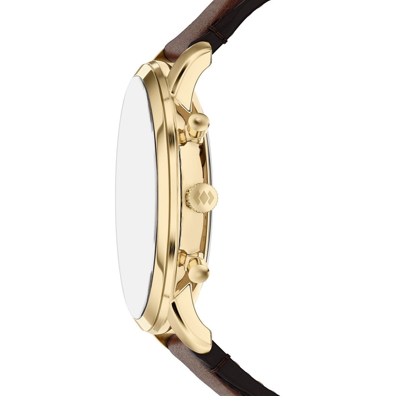 Seitenansicht der Fossil Herrenuhr aus goldfarbenem Edelstahl und braunem Leder.