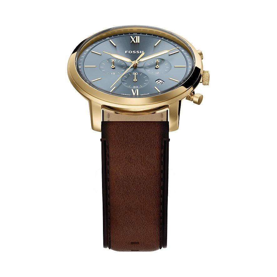 Eine Herrenuhr von Fossil aus goldenem Edelstahl mit rundem, grauem Zifferblatt und Chronographenfunktionen.