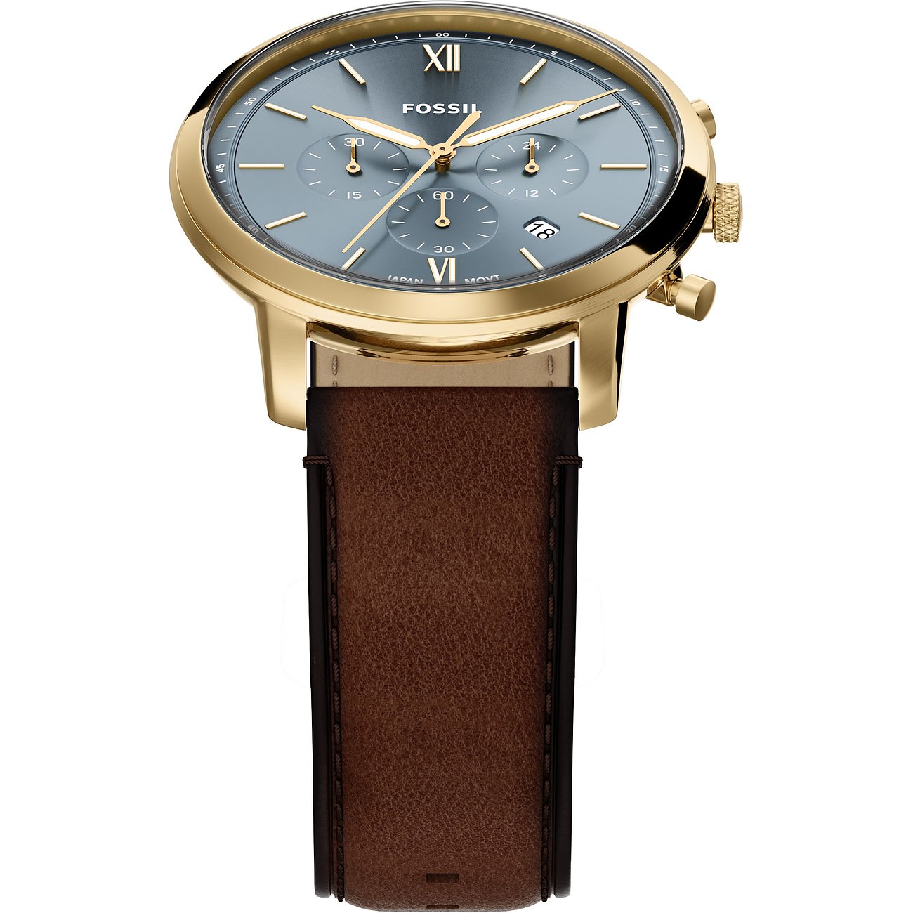 Eine Herrenuhr von Fossil aus goldenem Edelstahl mit rundem, grauem Zifferblatt und Chronographenfunktionen.