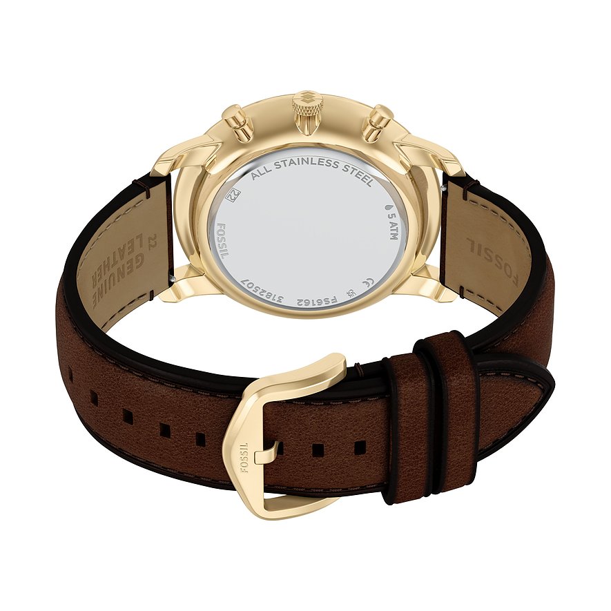 Rückseite einer Fossil Herrenuhr aus goldfarbenem Edelstahl mit dunkelbraunem Lederarmband und Dornschließe.