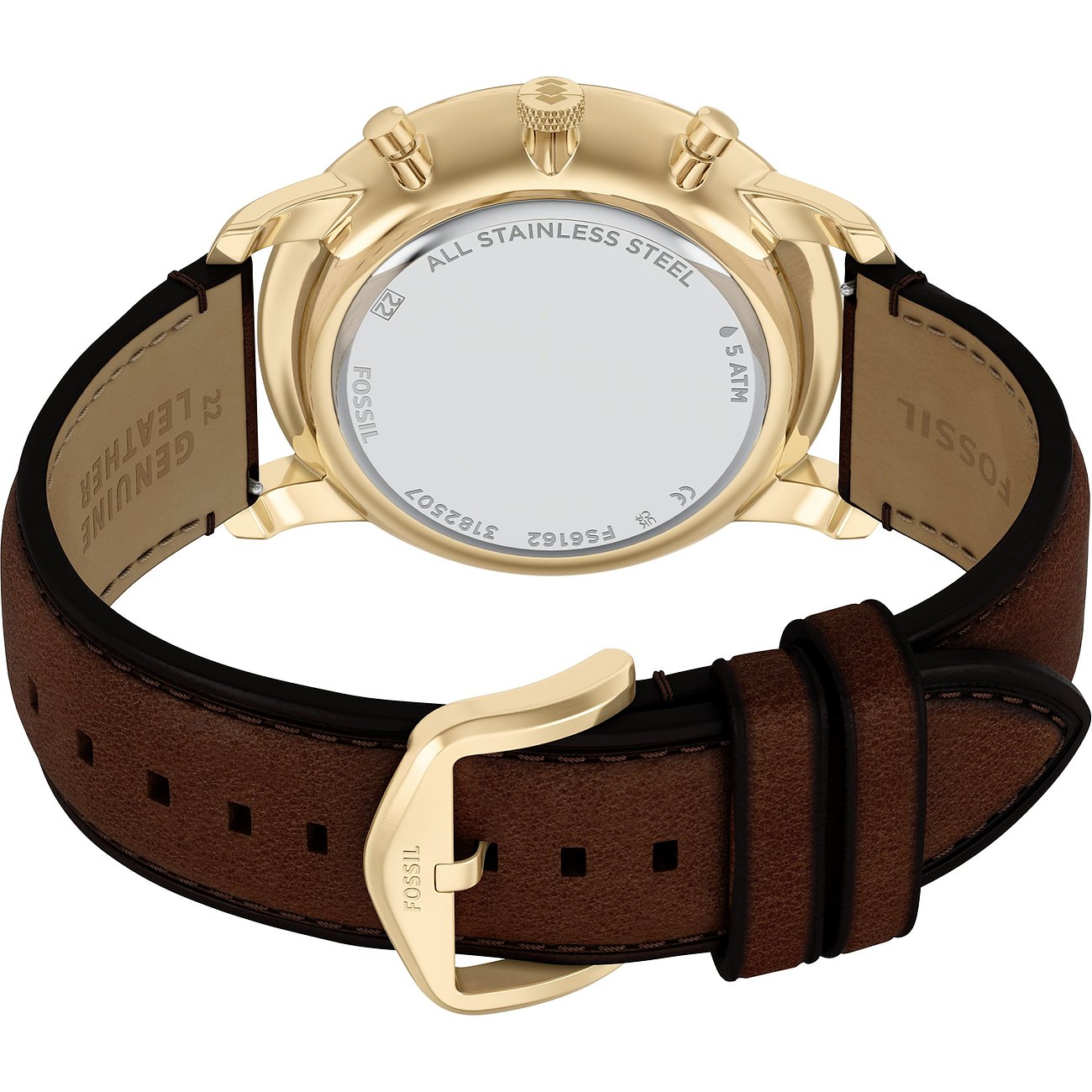 Rückseite einer Fossil Herrenuhr aus goldfarbenem Edelstahl mit dunkelbraunem Lederarmband und Dornschließe.