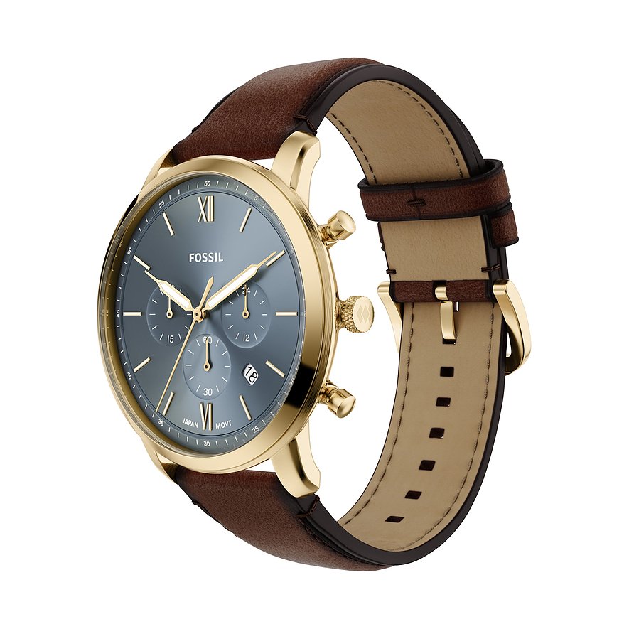 Fossil Herrenuhr, goldfarbener Edelstahl, dunkelgraues Zifferblatt, braunes Lederarmband, schräg von oben.