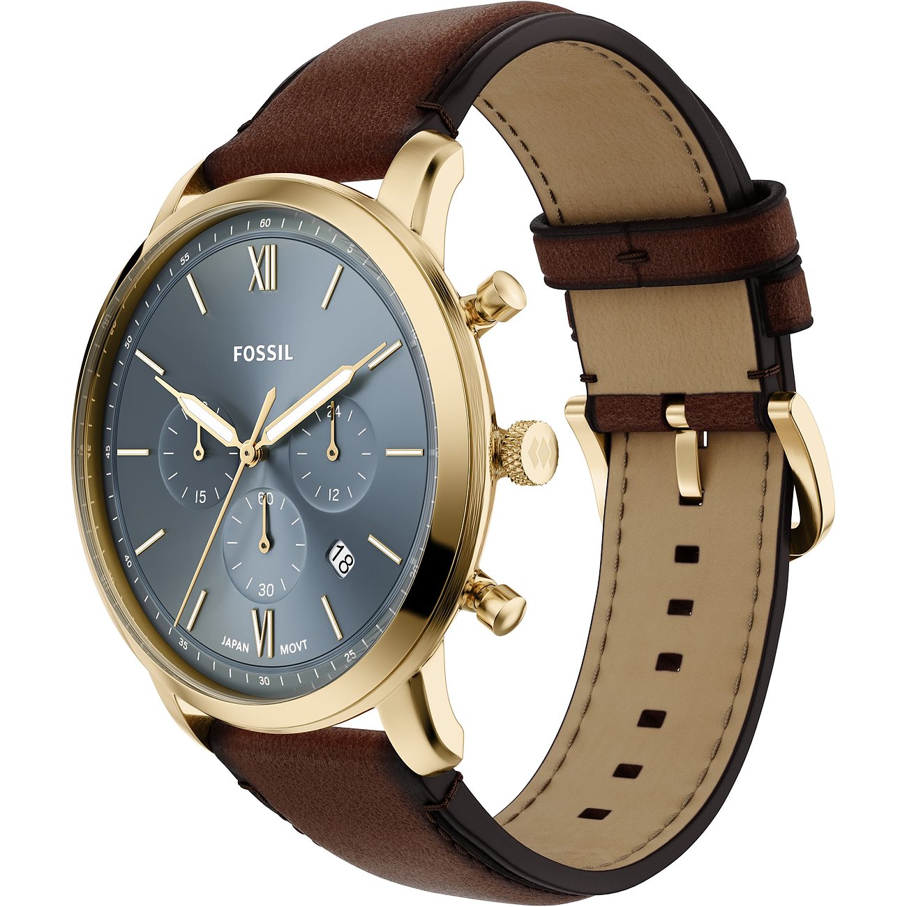 Fossil Herrenuhr, goldfarbener Edelstahl, dunkelgraues Zifferblatt, braunes Lederarmband, schräg von oben.
