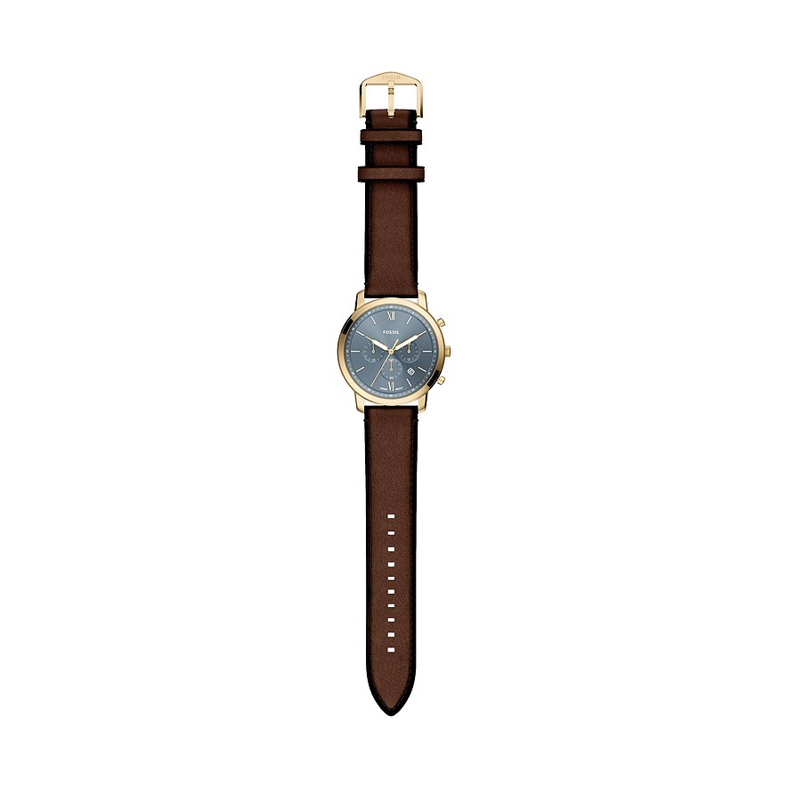 Eine Fossil Herrenuhr aus blauem Edelstahl mit einem braunen Lederband und goldfarbenem Gehäuse.