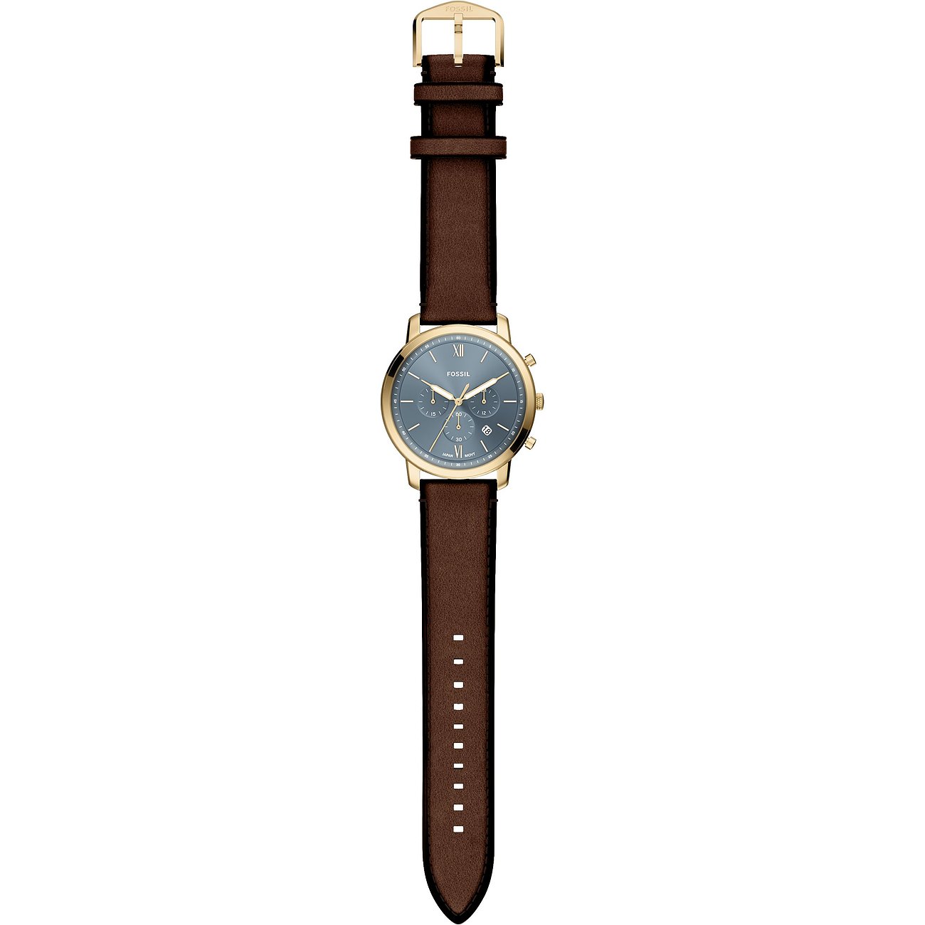Eine Fossil Herrenuhr aus blauem Edelstahl mit einem braunen Lederband und goldfarbenem Gehäuse.